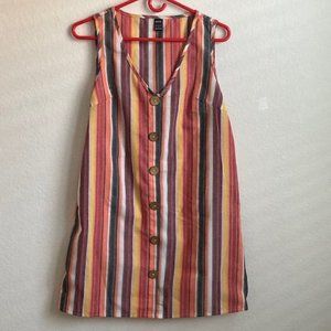 V Neck Button Front Striped Colorblock Dress